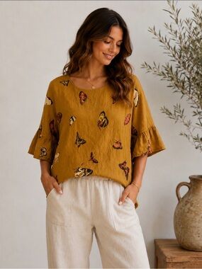 Viola Borghi Made in Italy Butterfly Print Ruffle Sleeve Top Linen Brown